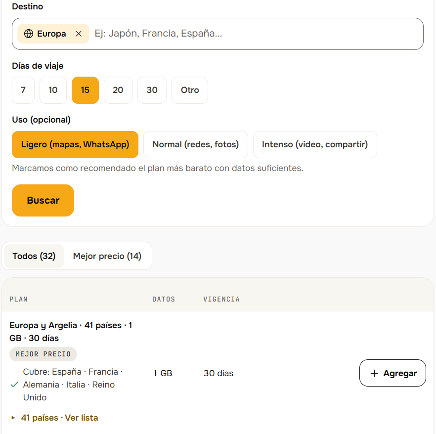 Cotizador del portal para agencias: búsqueda de Europa por 15 días con la cobertura de cada plan