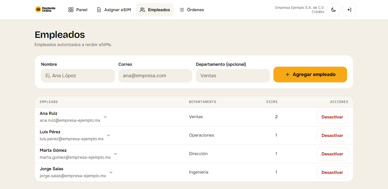 Portal para empresas, vista de Empleados: lista de empleados con su departamento y cuántas eSIMs tiene asignadas cada uno (datos de ejemplo)